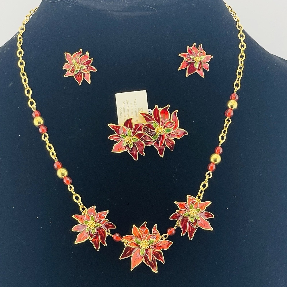 MMA Metropolitan Museum Art Christmas Poinsettia Necklace Brooch Pin Earring Set